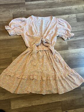 Tie-Front Puff Sleeve Floral Dress - Pink